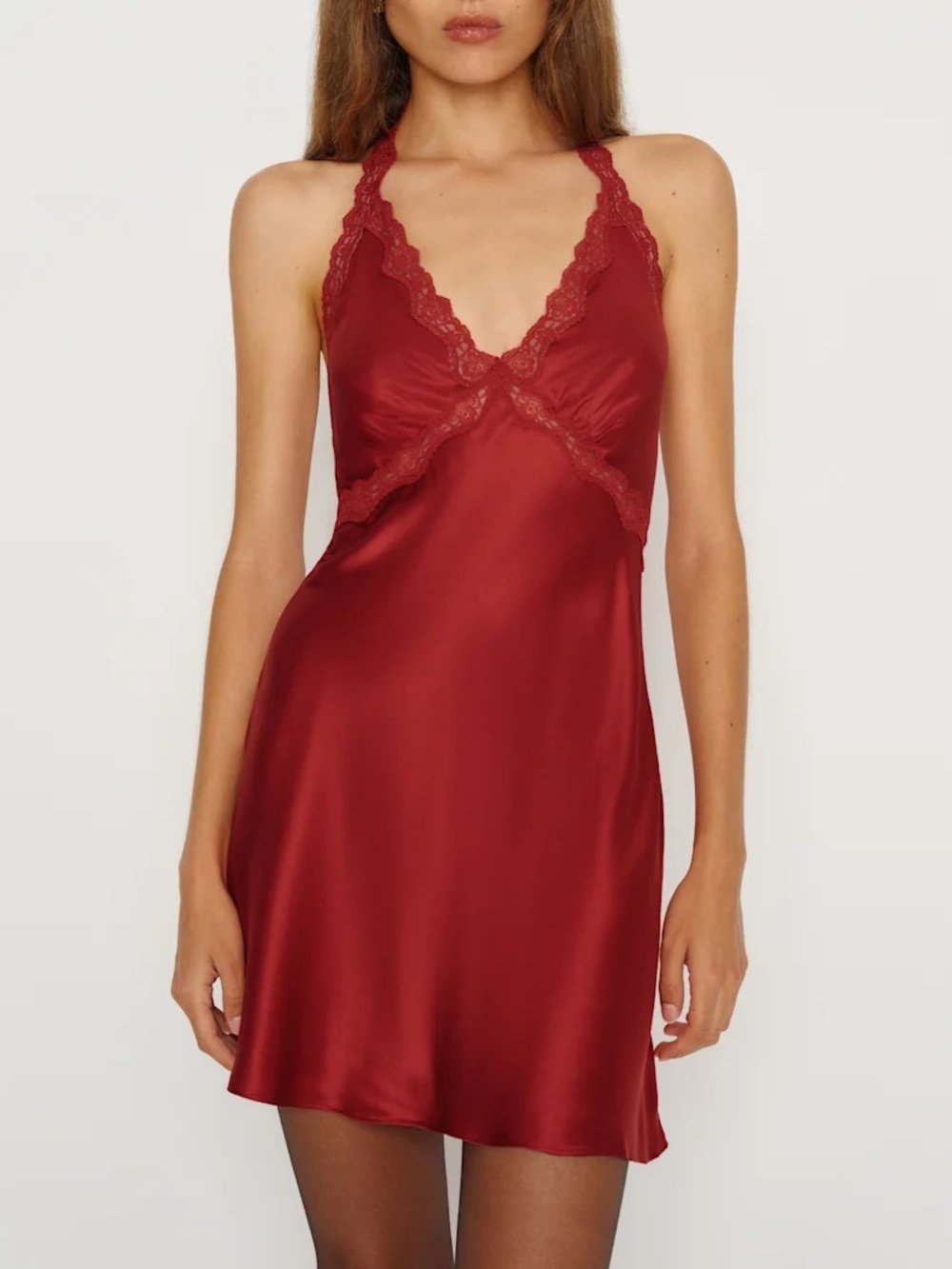 NWT Reformation Monica Silk Lace Halter V Neck Slip Mini Dress Sangre Red Wine